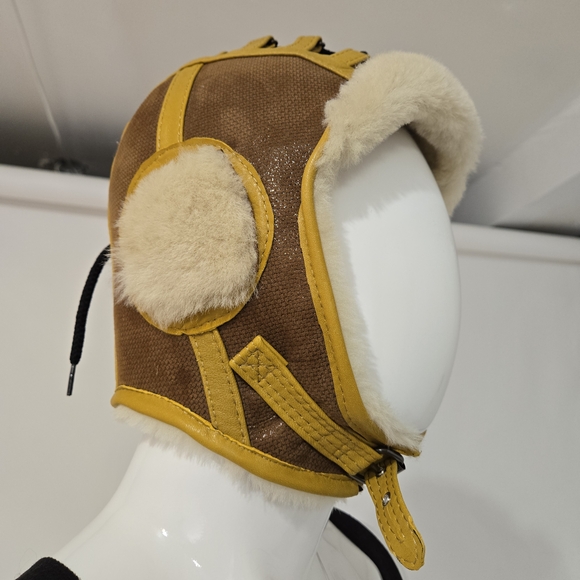 Brown and Yellow Aviator Hat with Fur Trim - Picture 4 of 6
